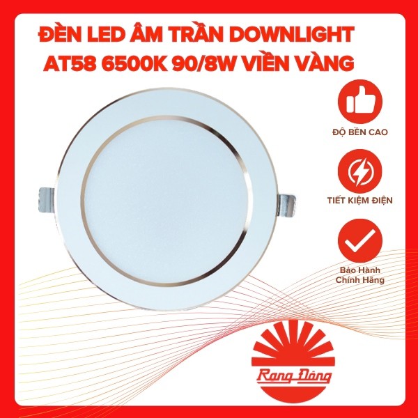 Đèn Downlight Âm Trần Rạng Đông AT58 8W 6500K Viền Vàng | Sáng Trắng, Gọn Đẹp, Tiết Kiệm Điện