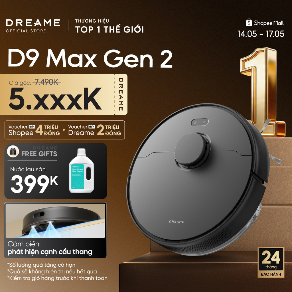 Dreame D9 Max Gen 2 - Robot Hút Bụi Lau Nhà Thông Minh, Lực Hút 6000Pa, Kích Thước 350x350x96.8mm