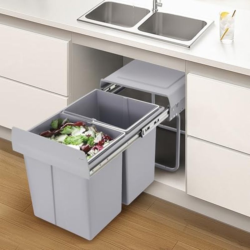 Double Pull Out Under Cabinet Trash Can with Lid, 2 * 5.28 Gallon Sliding Kitchen Recycle Waste Bin 