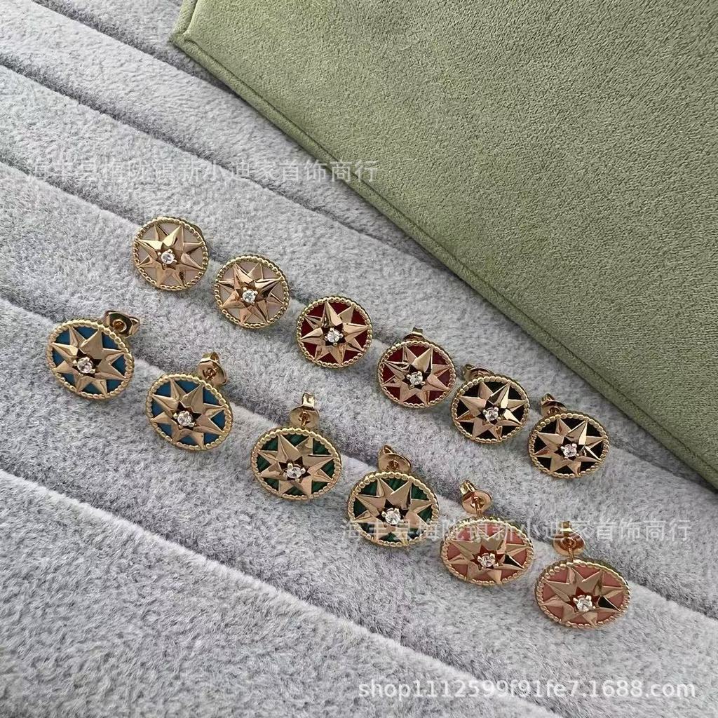 V High-quality gold eight-pointed star compass lapis lazuli earrings Elegant Women's Lucky Star Doub