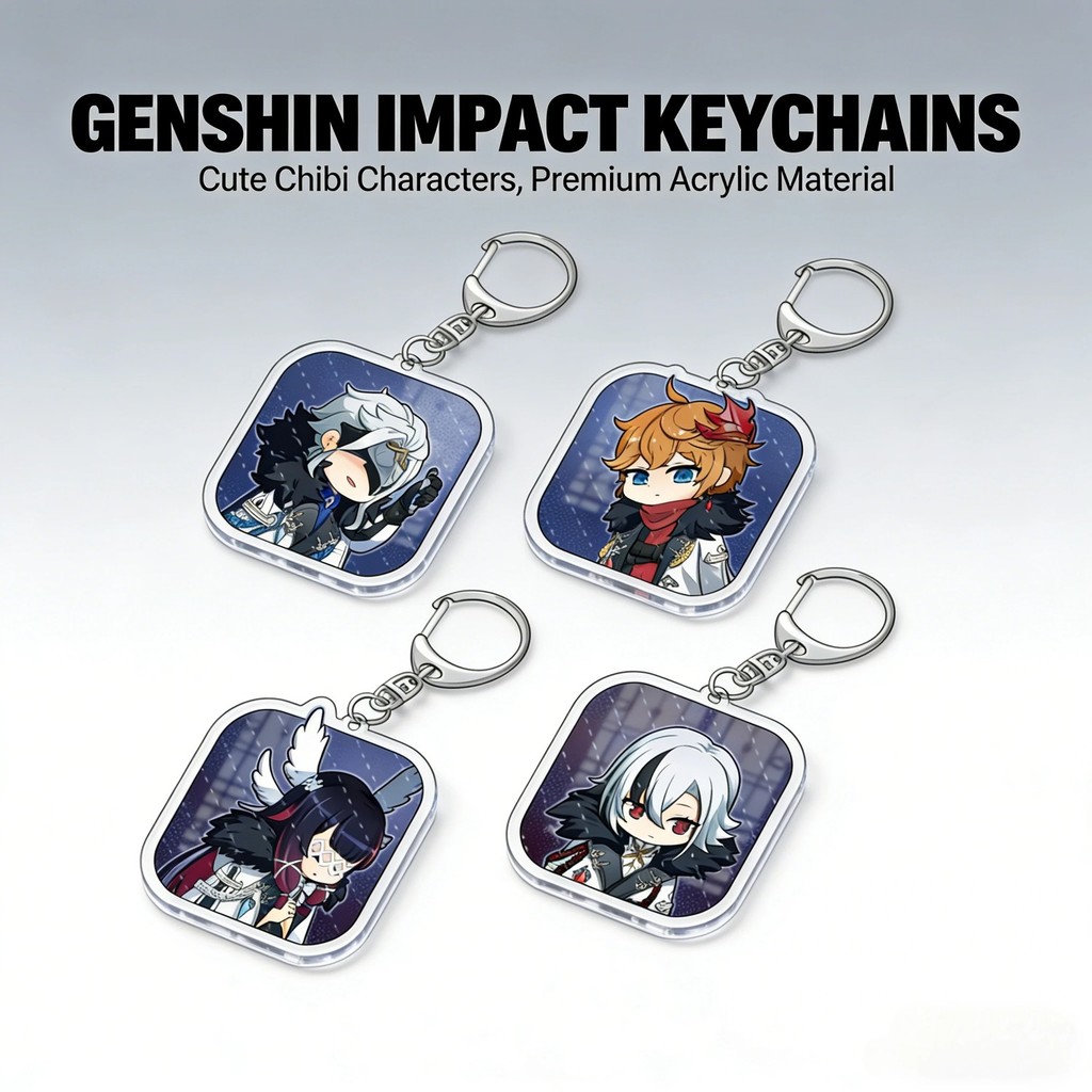 Móc khóa Genshin Impact Fatui Arlecchino Childe Dottore Pantalone Mica trong suốt hình Chibi Anime t
