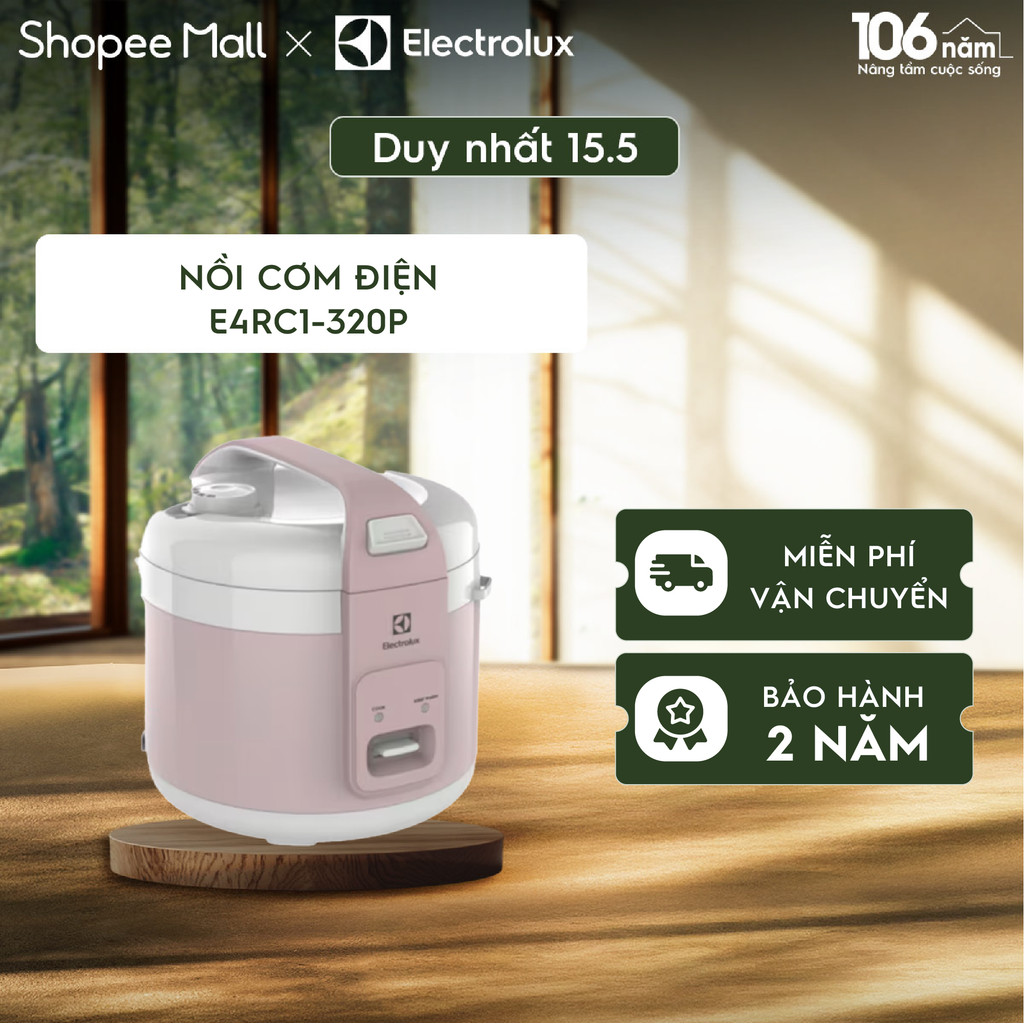 Nồi cơm điện 1.8L Electrolux E4RC1-320P - lòng nồi chống dính, giữ ấm lâu, kèm xửng hấp
