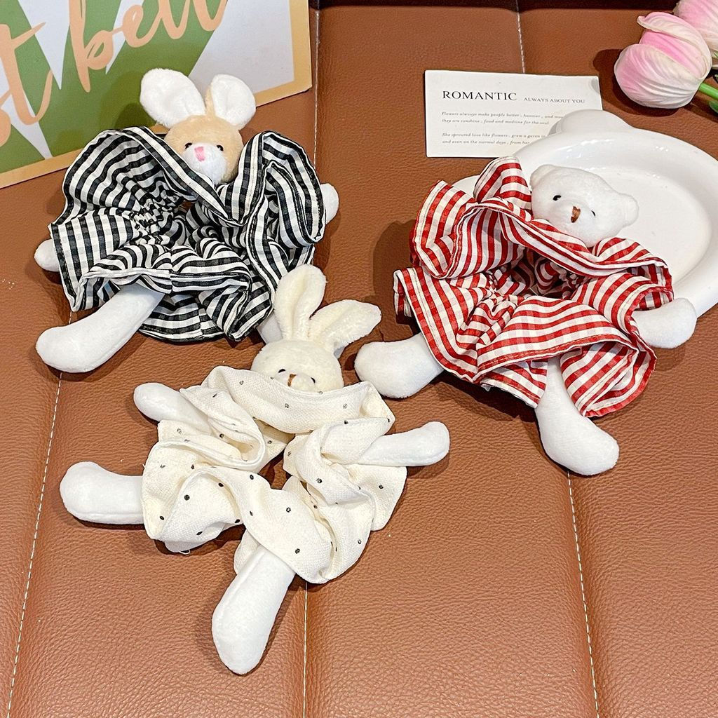 JUA Cherry bunny striped hair tie, bear plush toy scrunchie, sweet and cute hair rope for girls, sup