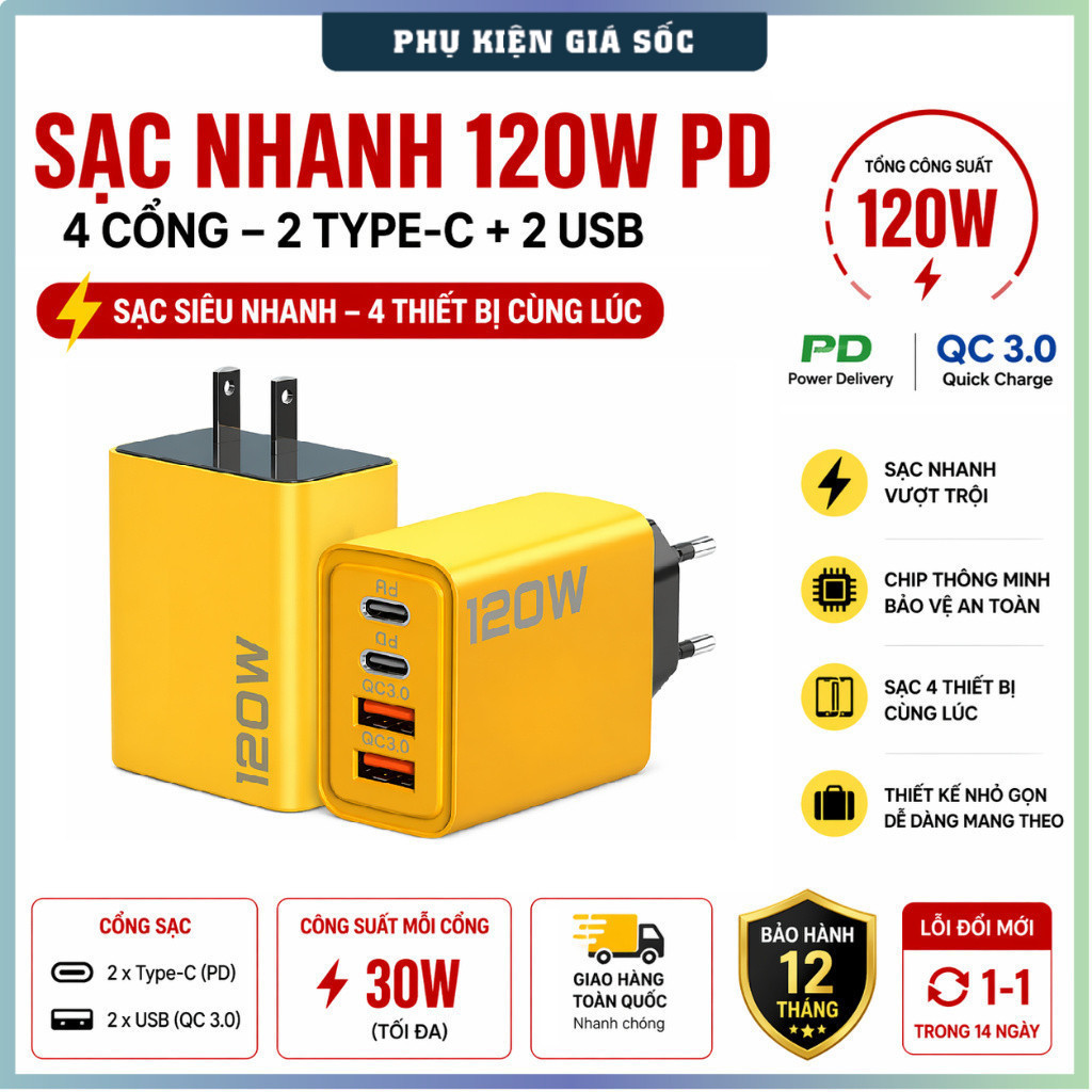Củ sạc nhanh 4 cổng, 120W gồm: 2 cổng Type C + 2 cổng USB - Sạc Siêu Tốc Nhiều Thiết Bị, Công Suất Cao