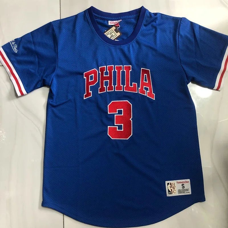 Áo thun ngắn tay 76ers Iverson Jersey full thêu mật độ cao phiên bản retro lưới