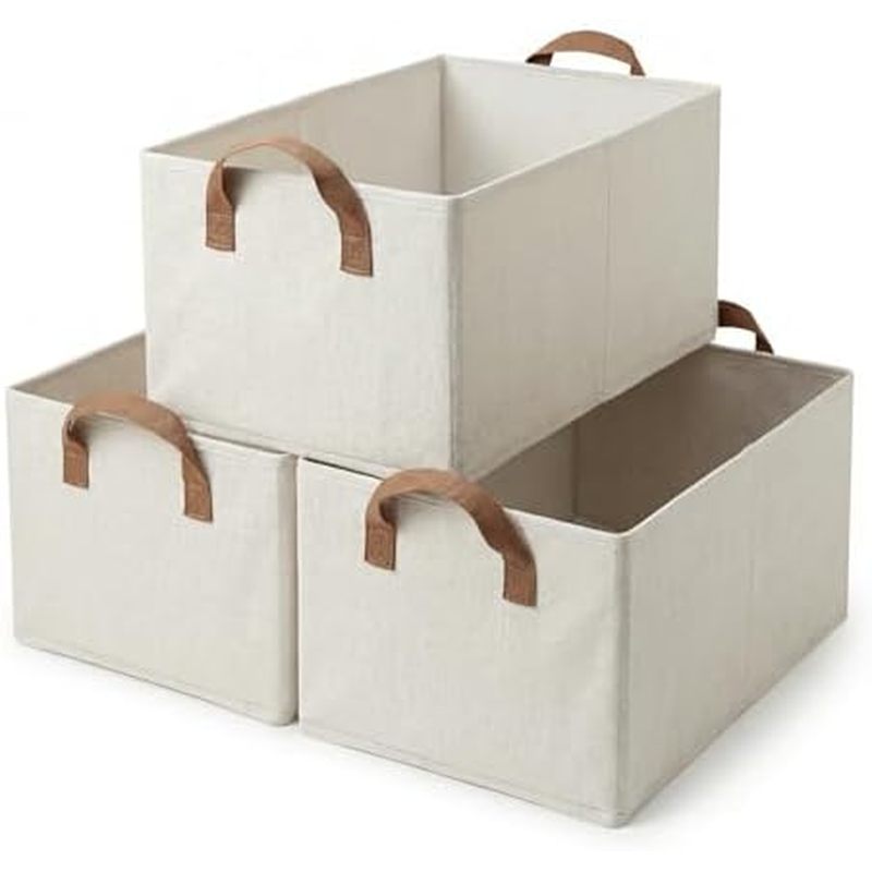 Fabric Collapsible Organizers with Handles Sturdy Canvas with PP Board 17.9”x 11”x 7.9” Beige Foldab