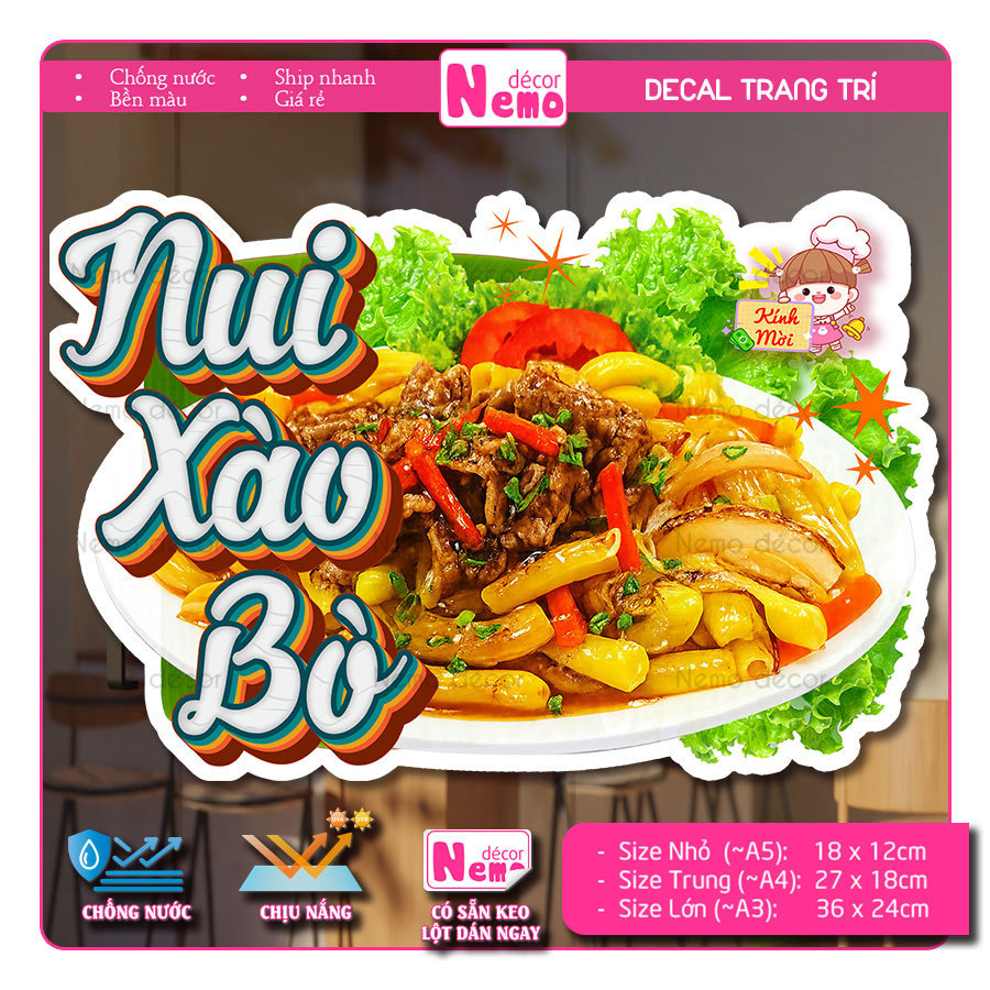 Decal Nui Xào Bò, Mì Xào Bò, Tranh Dán Trang Trí Quán Ăn - Sticker Chịu Được Mưa Nắng.