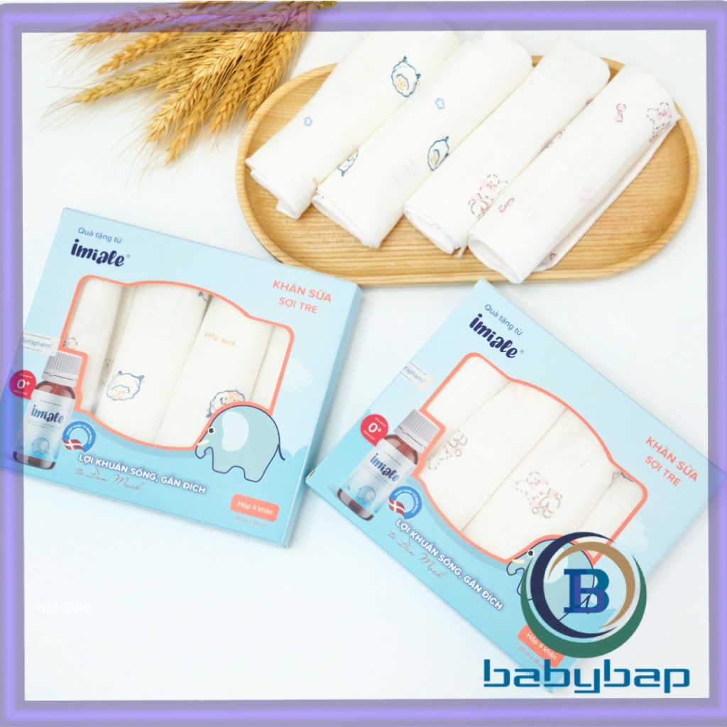 Khăn Sữa Sợi Tre Cao Cấp Cho Bé IMIALE - Mềm Mịn, Thoáng Nhẹ, Thấm Hút Tốt Hộp 4 Cái Shop Babybap