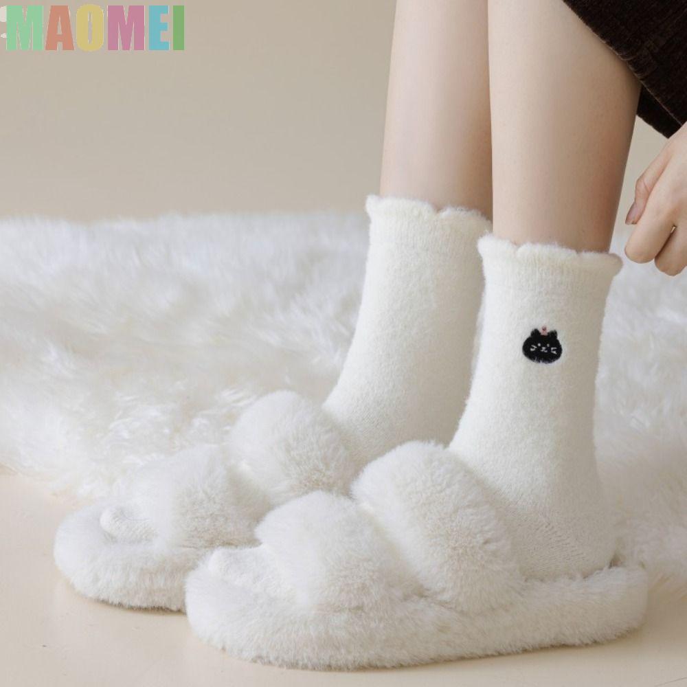 MAOMEI 5 Đôi Tất Lông Chồn, Tất Sàn Sang Trọng Gấu Thêu, Hoạt Hình Co Giãn Dày Ống Mèo Tất Nữ 5 Đôi
