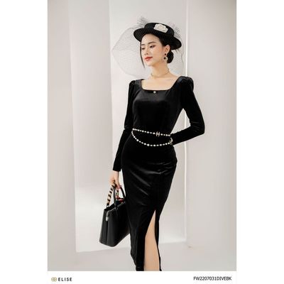 Đầm nhung đen cổ vuông thiết kế Elise FW2207031DIVEBK