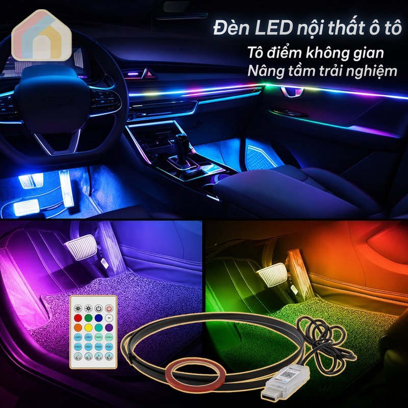 Nội thất ô tô Dải đèn LED RGB Fiber Optic App Remote Music Sync USB Ambient Light Trang trí
