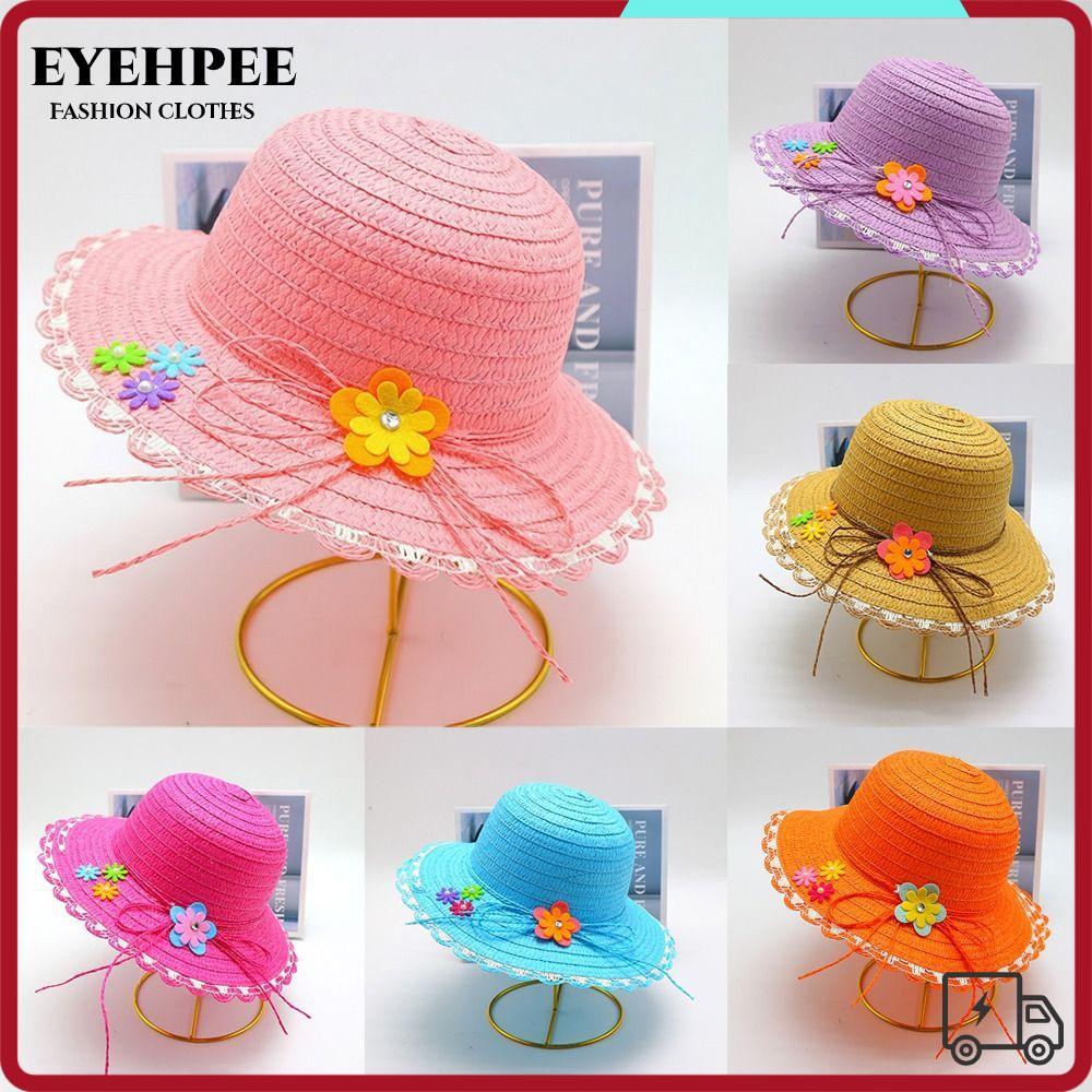 EYEHPEE Mũ Rơm EYEHPEE, Mũ Chống Nắng Handmade Trang Trí Hoa, Vành Rộng Ngọt Ngào 3-7Year Mũ Xô Mùa 