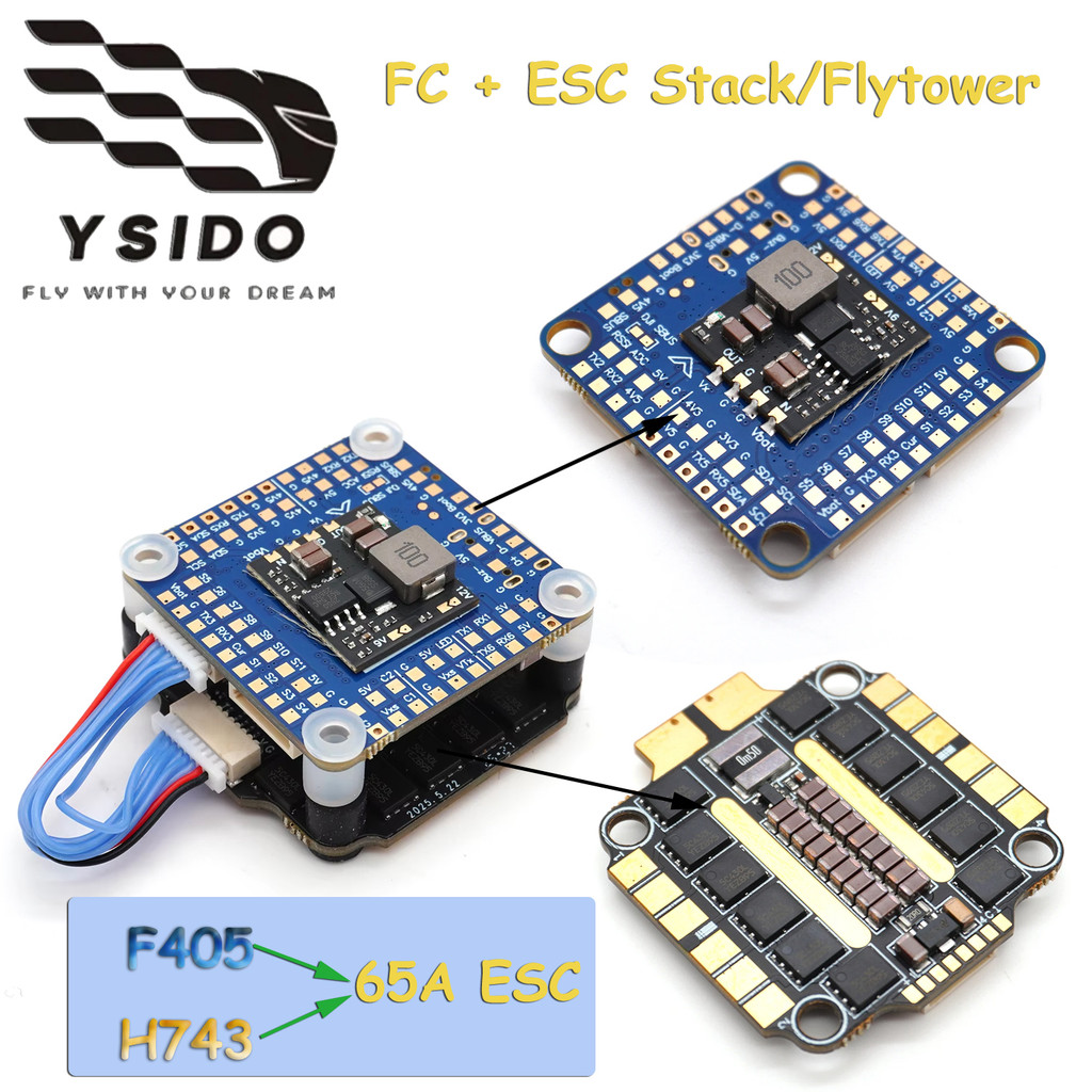Bộ điều khiển chuyến bay YSIDO F405-HDTE F4 H743 Tích hợp Dual BEC OSD Blackbox AM32 65A ESC Stack c