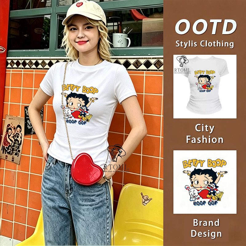 COD✅RTOML Áo thun nữ Cotton Mềm Mịn Form ôm Dáng Chất Betty Boop Trắng / Women's T-shirt Slim Fit Be