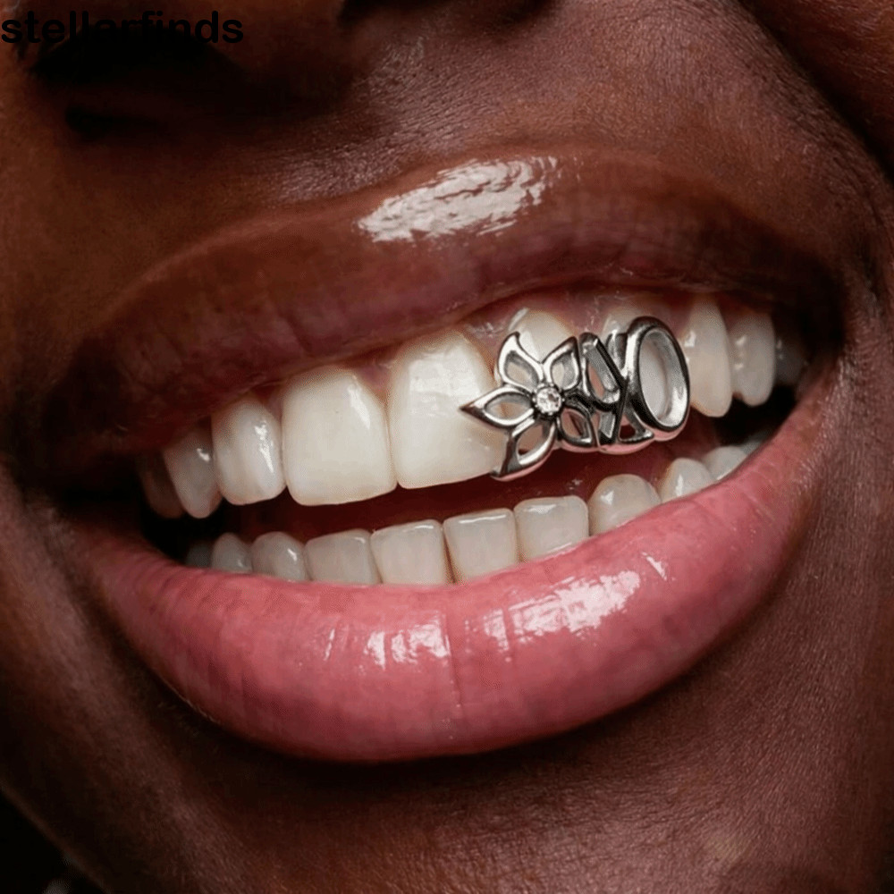 QWDLID Đôi Rỗng Hoa Grillz, Vintage Răng Grillz, Hoa Văn Cánh Hoa Đồng Bóng Bạc Hình Không Đều Lưới 