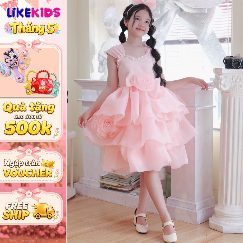 Đầm bé gái kiểu dáng CÔNG CHÚA hoạ tiết BÔNG HỒNG MH28L79 (Kèm cài) -Likekids