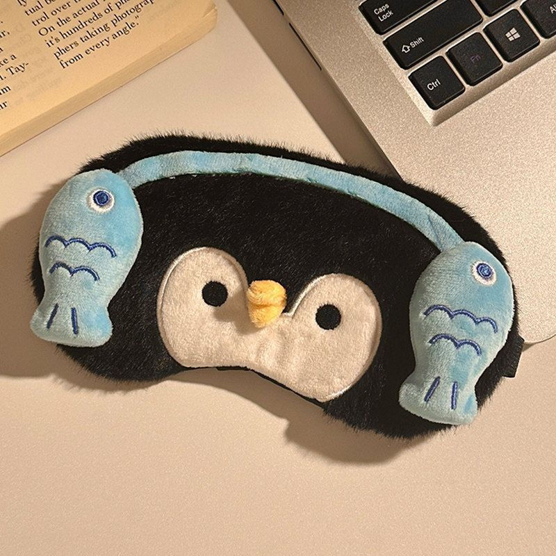 JUA Cute penguin and fish plush eye mask for light blocking and sleep, specially designed for female