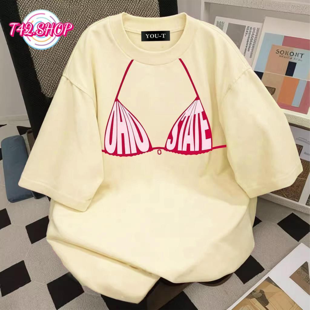 T42.SHOP Áo sơ mi thời trang cỡ lớn dành cho nữ Vải Cotton siêu mềm t "OHIO STATE" Áo thun cổ tròn H
