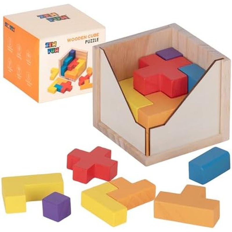 Zen Fun Wooden Brain Teaser Puzzle Cube - Montessori Toy Colorful Cube Puzzle for Kids Ages 5-7 and 