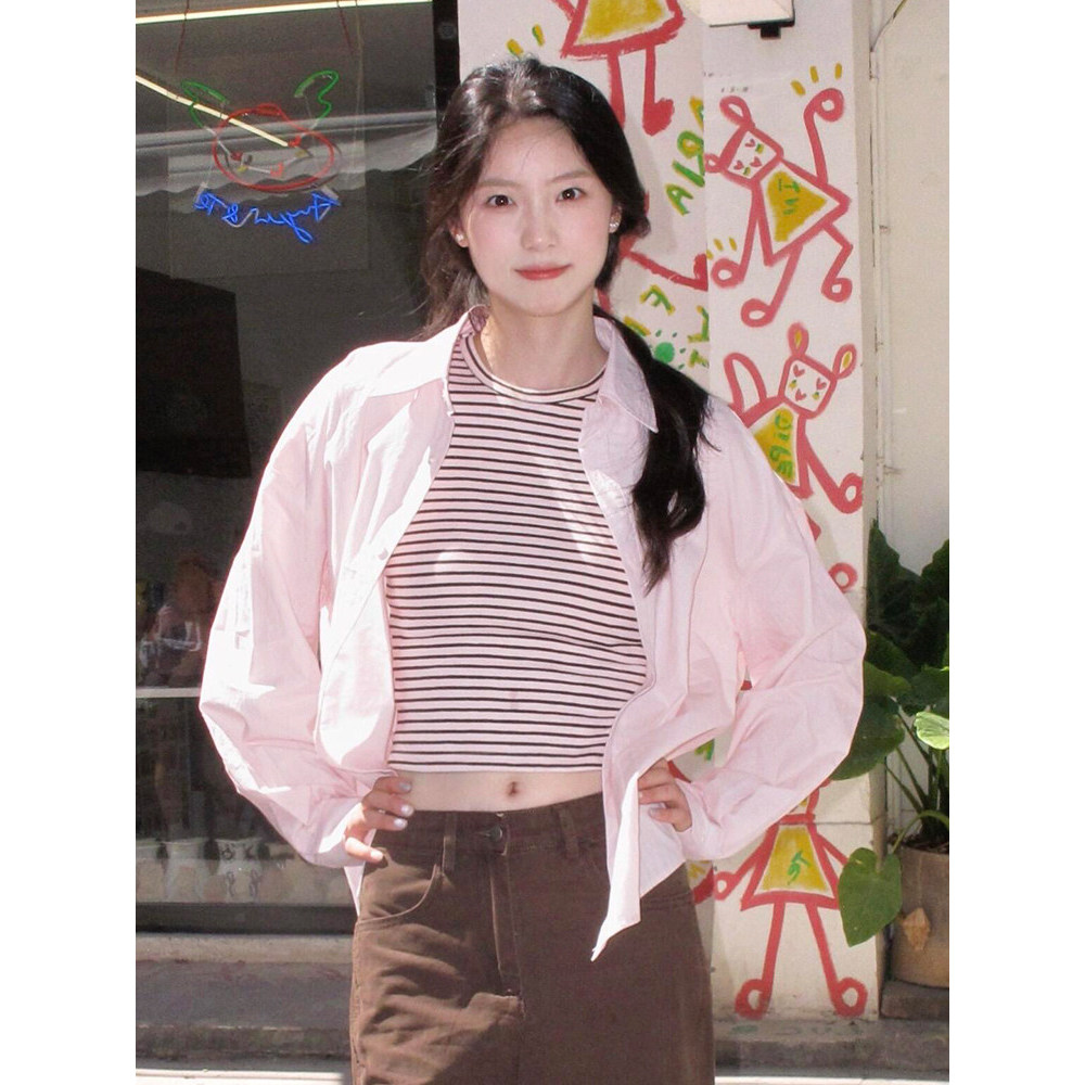 pass áo kiểu áo bayby doll Áo sơ mi chống nắng dài tay rộng rãi màu hồng phong cách Hàn Quốc áo ba l