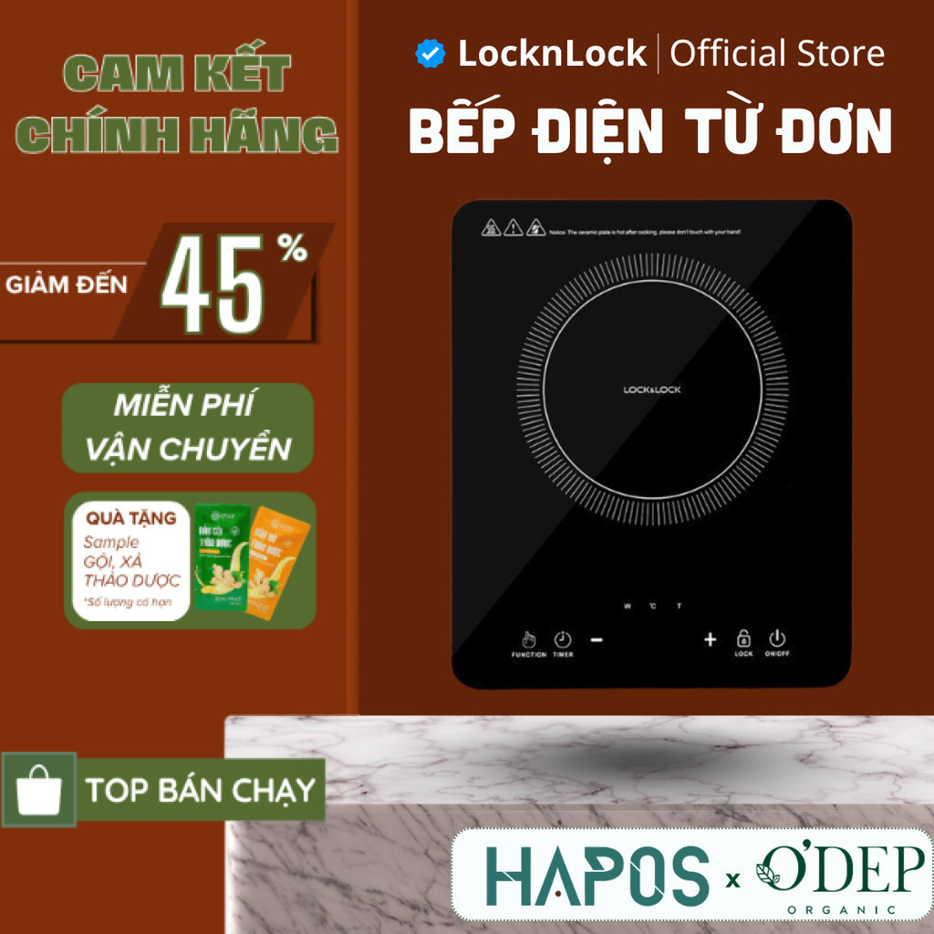 Bếp điện từ đơn LocknLock cảm ứng, 8 mức nhiệt, công suất cao 2000W nấu nhanh tiết kiệm điện EJI411 
