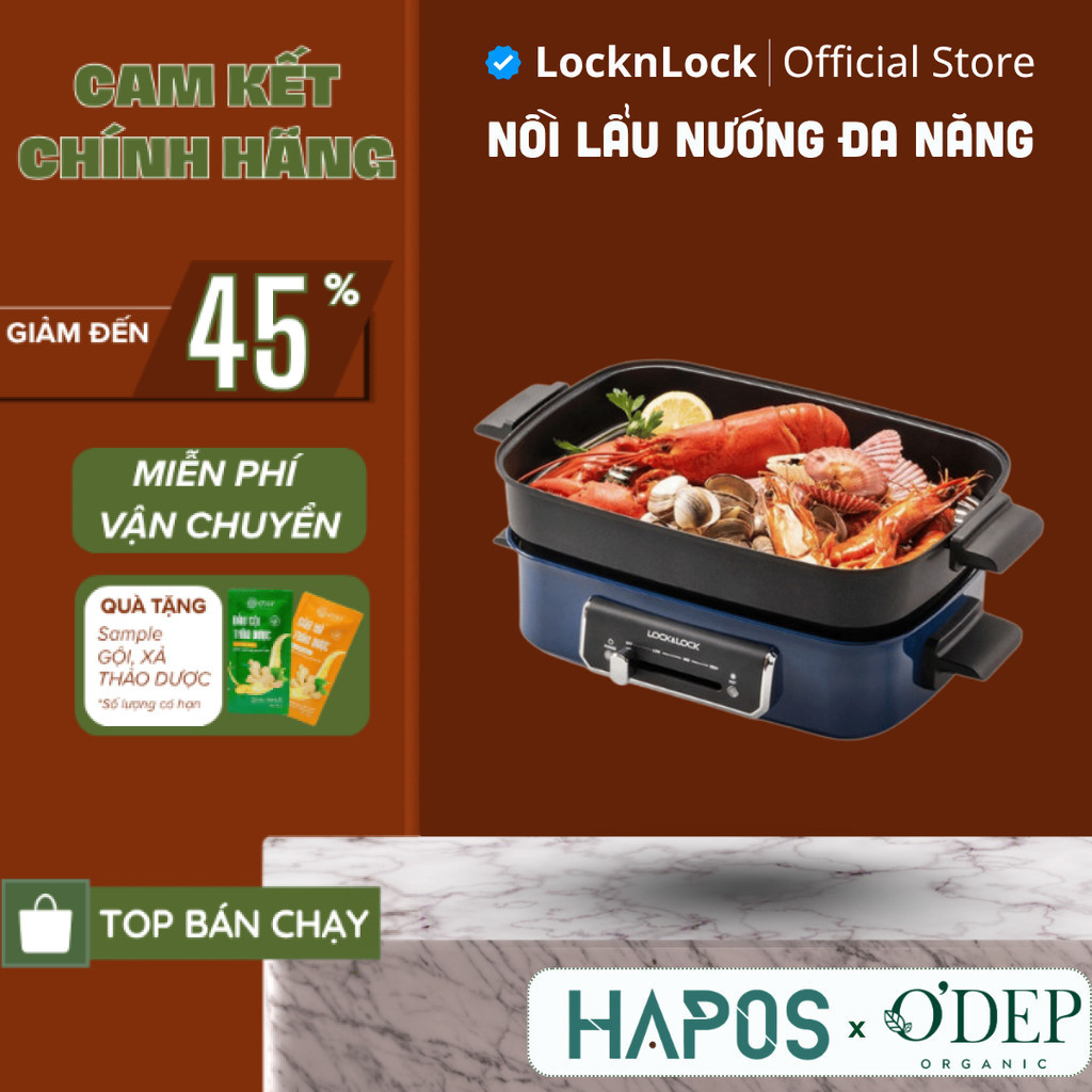 Nồi lẩu nướng điện đa năng LocknLock 2.5L, Hàng chính hãng có khay hấp chống dính - Màu Navy EJG556 