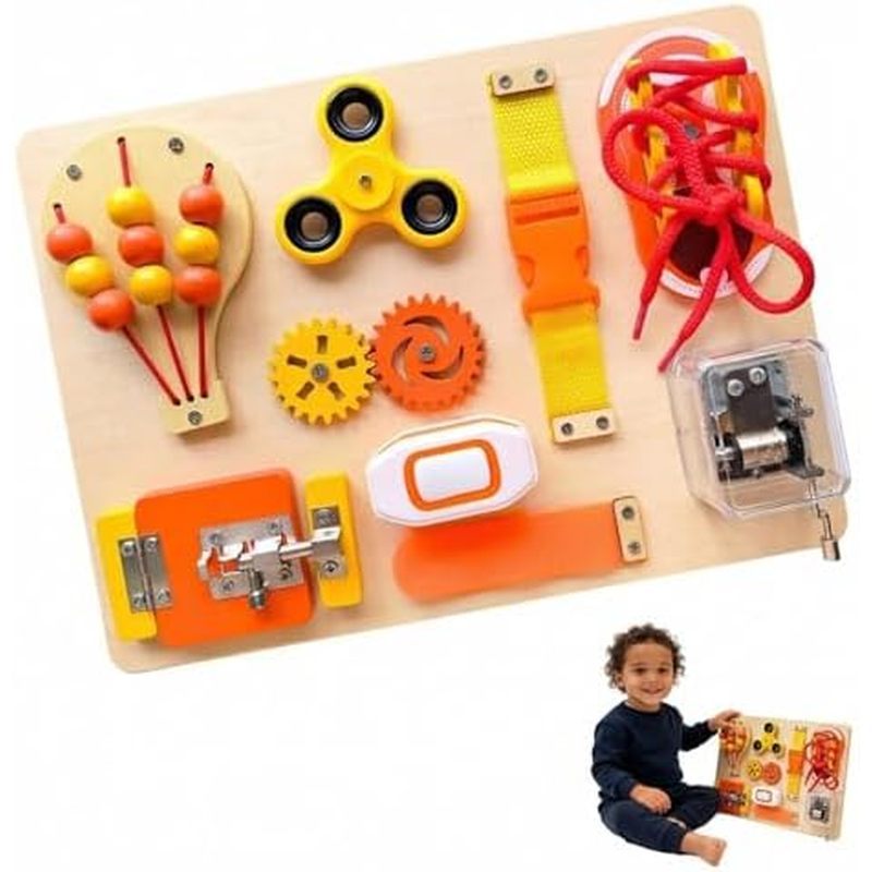 Montessori Busy Board for Toddlers, Wooden Sensory Toys Autistic Children, Travel Toys for Education