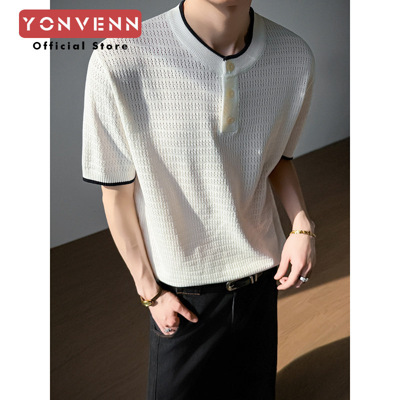Hình ảnh mô hình áo thun nam mùa hè ~ Ice Sense Old Money Style Henry Collar Màu sắc phù hợp với tay