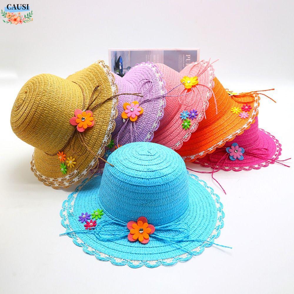 Mũ Rơm CAUSI, Mũ Chống Nắng Trang Trí Hoa Handmade, Vành Rộng Ngọt Ngào 3-7Year Mũ Đi Biển Mùa Hè