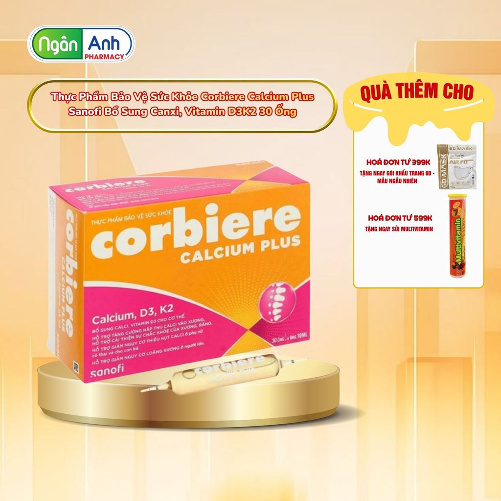 Thực Phẩm Bảo Vệ Sức Khỏe Corbiere Calcium Plus Sanofi Bổ Sung Canxi, Vitamin D3K2 30 Ống-Bibomart