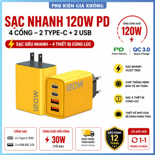 Củ sạc nhanh 4 cổng, 120W gồm: 2 cổng Type C + 2 cổng USB. Sạc Siêu Tốc Nhiều Thiết Bị, Công Suất Cao