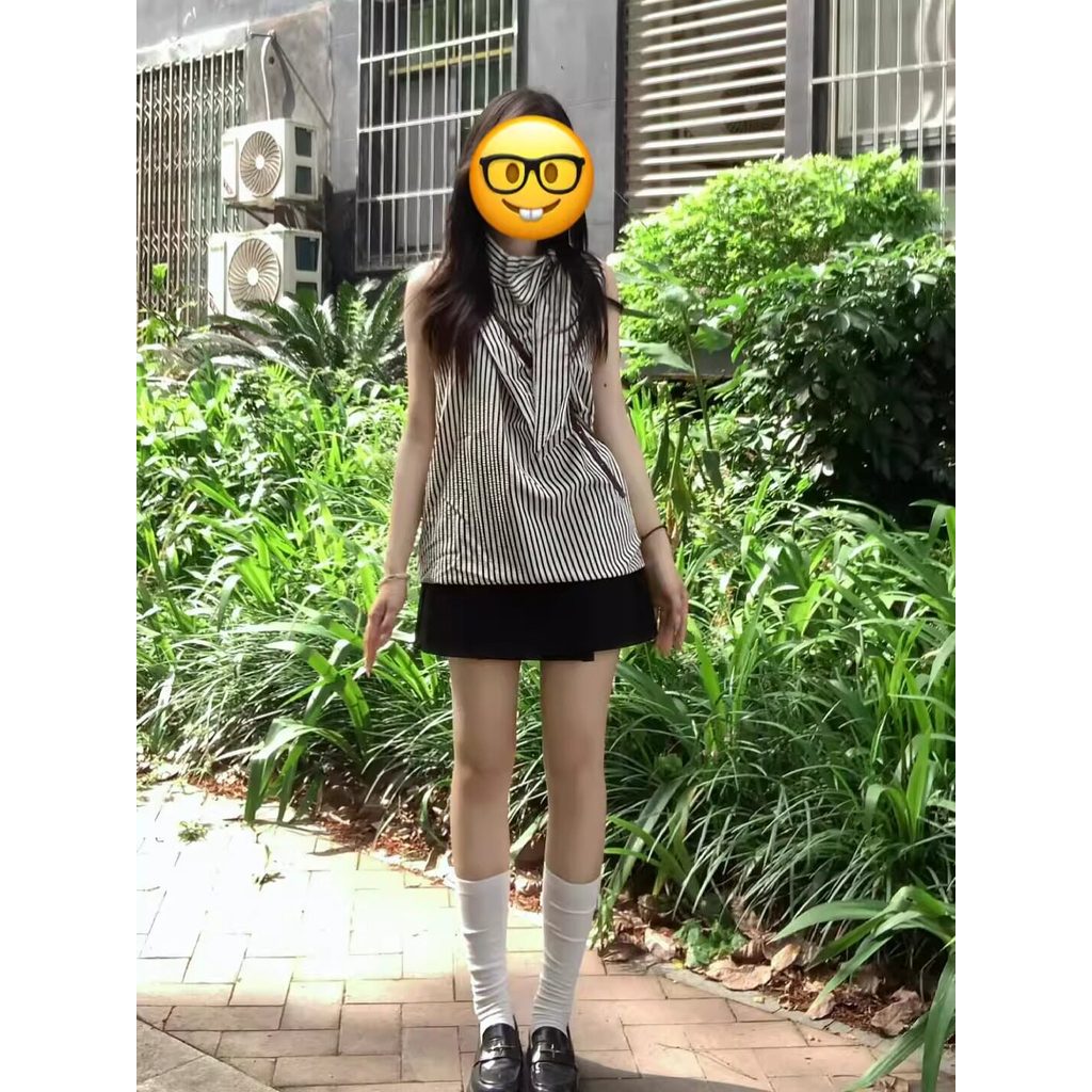 áo sơ mi đi biển áo bayby doll Áo sơ mi thắt dây sọc cổ điển cao cấp kiểu Pháp áo không tay cổ thắt 