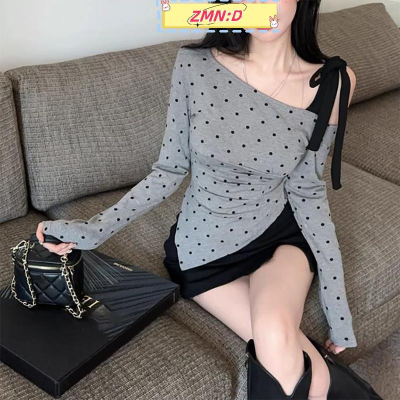 ZMN: D Hot Girl Off-The-Shoulder Slim Fit Off-The-Shoulder Chấm Bi Áo Thun Dài Tay Cho Nữ RRT