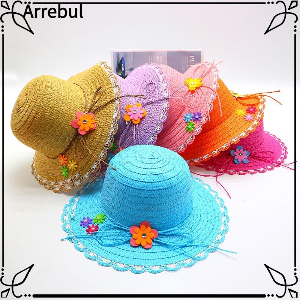 Mũ Rơm ARREBUL, Mũ Chống Nắng Trang Trí Hoa Handmade, Vành Rộng Ngọt Ngào Mũ Đi Biển 3-7Year