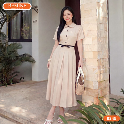 Đầm thiết kế BEMINE cổ sen đính cúc dáng chữ A phù hợp đi làm-B549