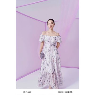 Đầm tơ trắng hoa lavender trễ vai nhún ngực thiết kế Elise FS2501008DXORPT