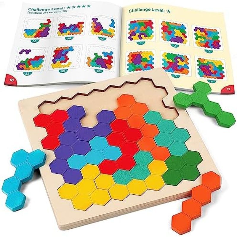 Coogam Wooden Tangram Puzzle, Color Shape Pattern Jigsaw Brain Teasers 3D Logic IQ Game Geometric Bl