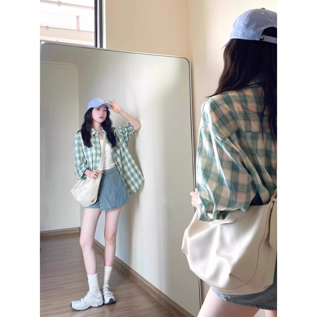 đồ kiểu áo bayby doll Áo khoác mỏng chống nắng kẻ caro màu xanh lá áo sơ mi nữ mùa hè 2026 cảm giác 