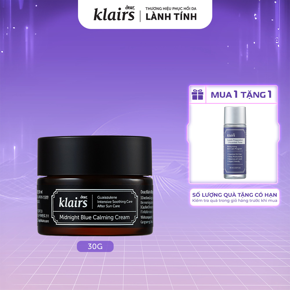 Kem dưỡng da Dear, Klairs Midnight Blue Calming Cream hỗ trợ cấp ẩm và phục hồi cho da 30g [FS]