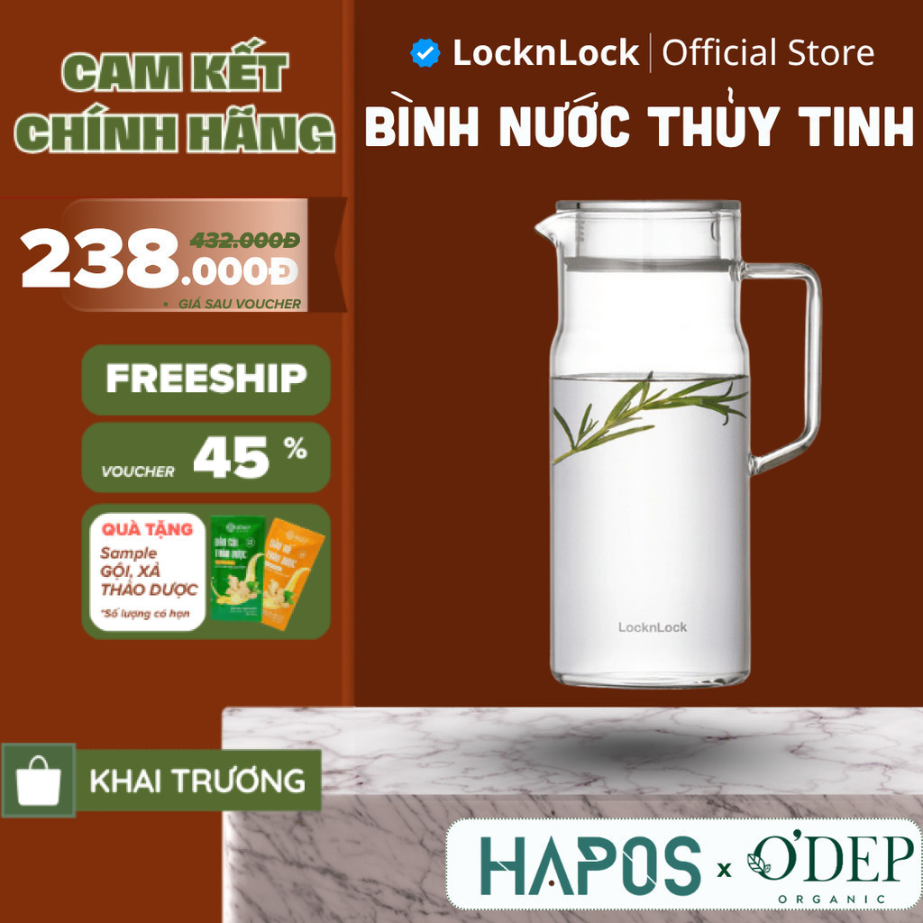 Bình nước thuỷ tinh LocknLock 1.2L chịu nhiệt Metro Glass LLG6100 - HAPOS LOF