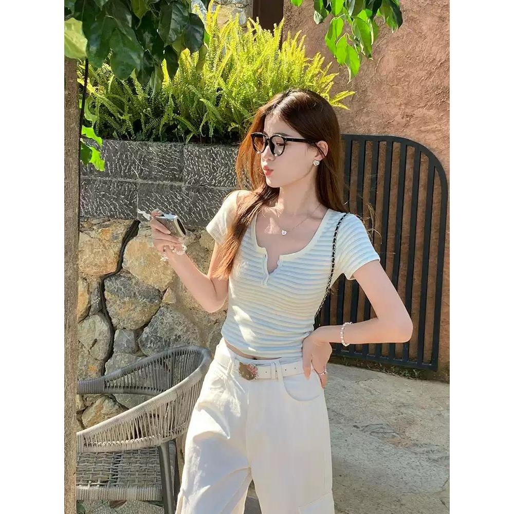 [BiGirls] Áo Thun Nữ Ngắn Tay, Cổ Trụ Tròn, Sọc kẻ ngang phối màu xanh dương, chất 92% cotton +8% Spandex  B013 | BigBuy360 - bigbuy360.vn
