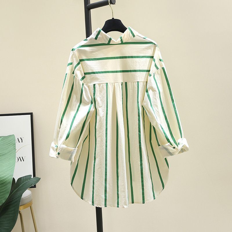 Áo Sơ Mi Sọc Kích Thước Lớn Cho Nữ Xuân Thu Mới Phong Cách Hàn Quốc Rời Tay Dài Chống Nắng Top C1735