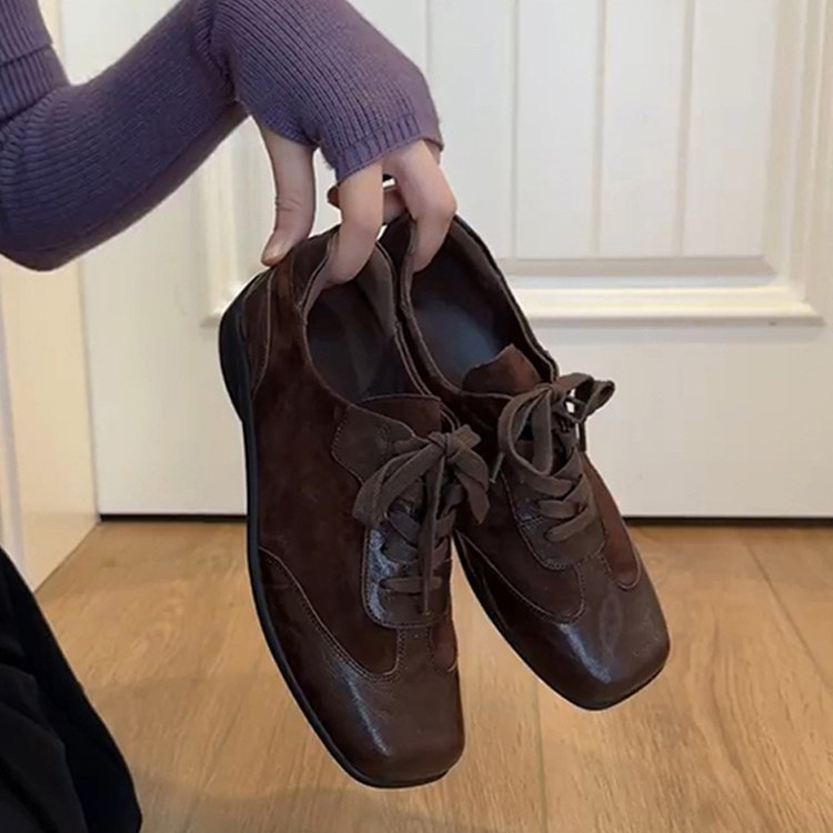Sheepskin Version~Retro square-toed lace-up leather shoes for women, ballet style versatile German t