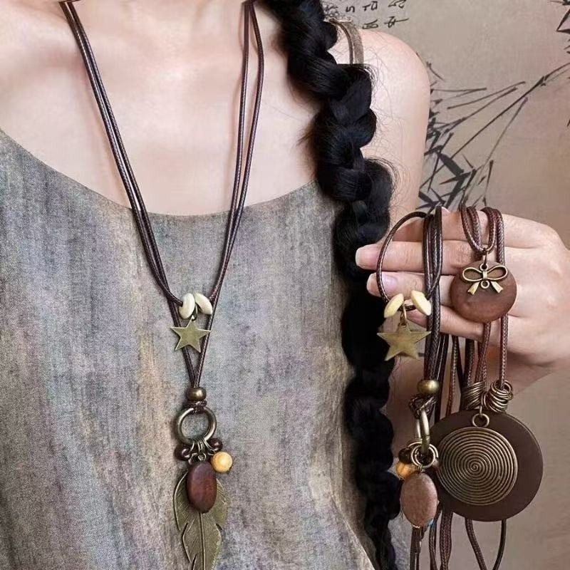 Vintage style necklace Copper feather necklace Female bohemian style double stacked long sweater cha