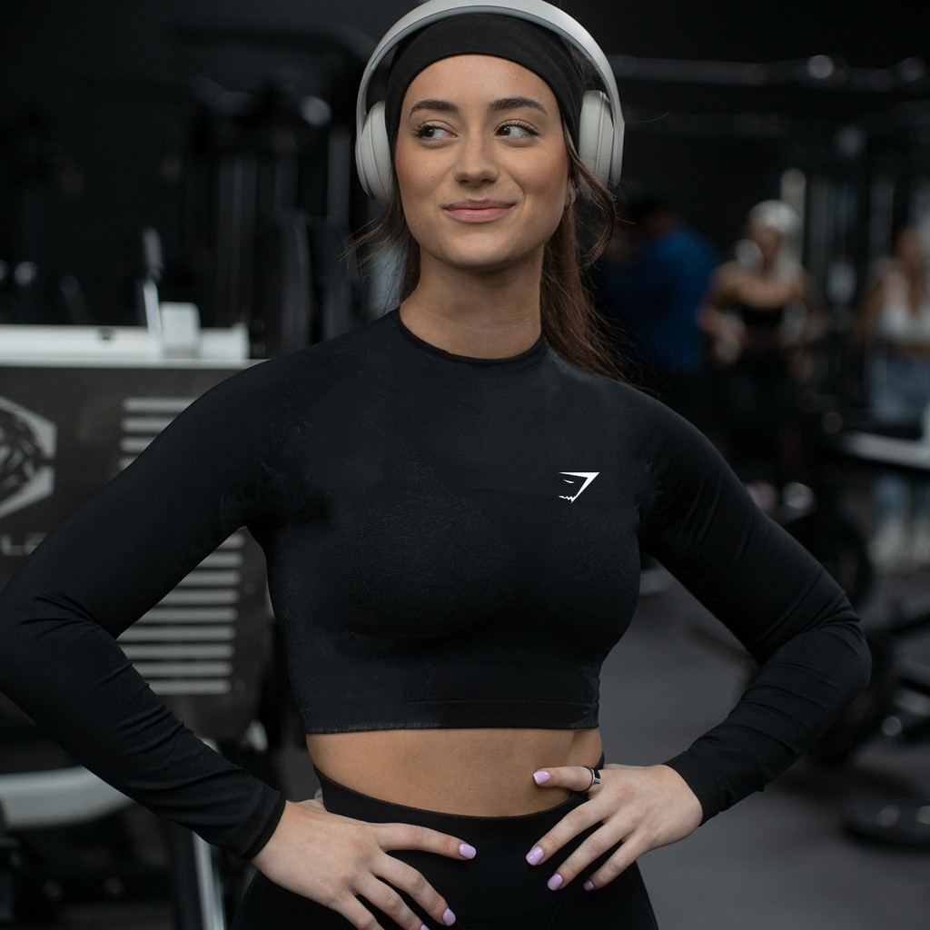 Gymshark Top Thu Đông Ngắn Yoga Dài Tay Cá Mập Dài Tay Nữ Nhanh Khô Chải Ngoài Trời Chạy Bộ Quần Áo 