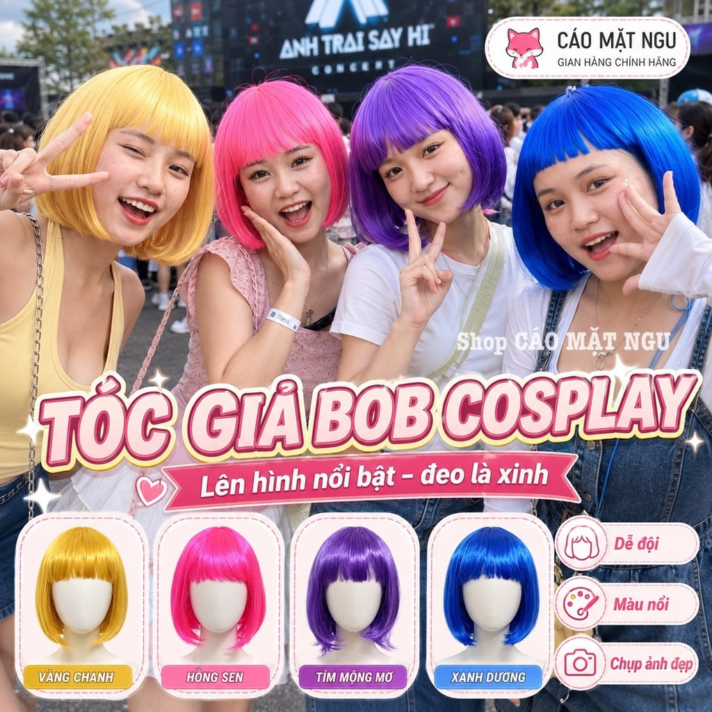 [HỎA TỐC] Tóc giả kiểu bob nhiều màu sắc vui nhộn Hóa trang đu concept, diễn kịch, Halloween