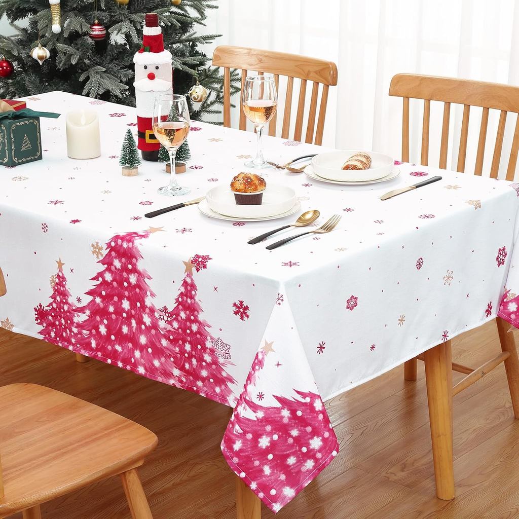 Khăn trải bàn cây thông Noel màu hồng CAROMIO 52x70 Inch, Polyester mềm chống nhăn, Hoàn hảo cho bữa