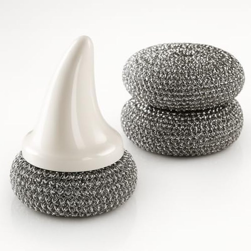 Steel Wool Scrubber with Handle, 3 Refill Pads – Heavy Duty Cleaner for Dishes, Cast Iron, Pots, Pan