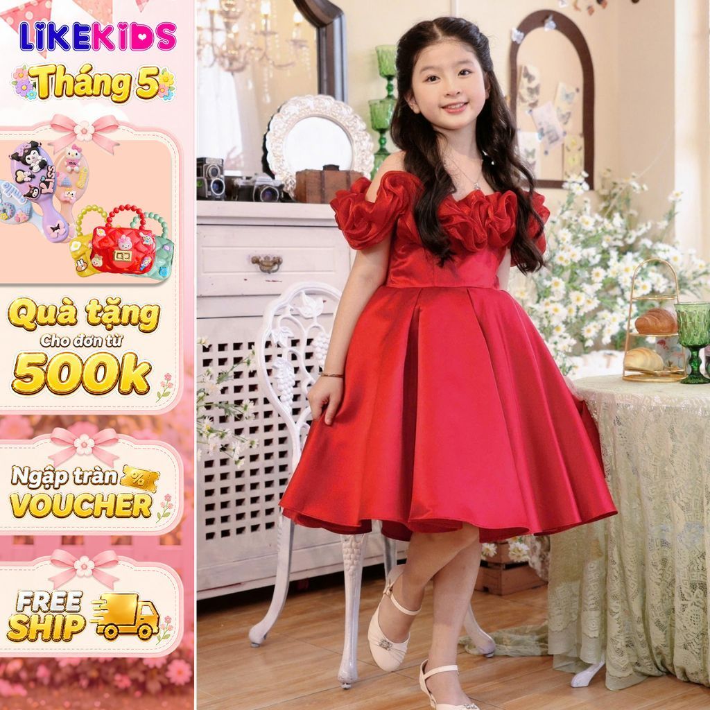 Đầm công chúa bé gái trễ vai hoa hồng nổi  cao cấp, dáng xòe sang trọng dự tiệc MH51D72 [KÈM NƠ] - L