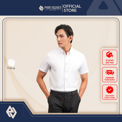 Áo sơ mi nam cộc tay trắng Phan Nguyễn, chất liệu 100% cotton mềm mịn, thoáng mát, dễ mặc SMC.411